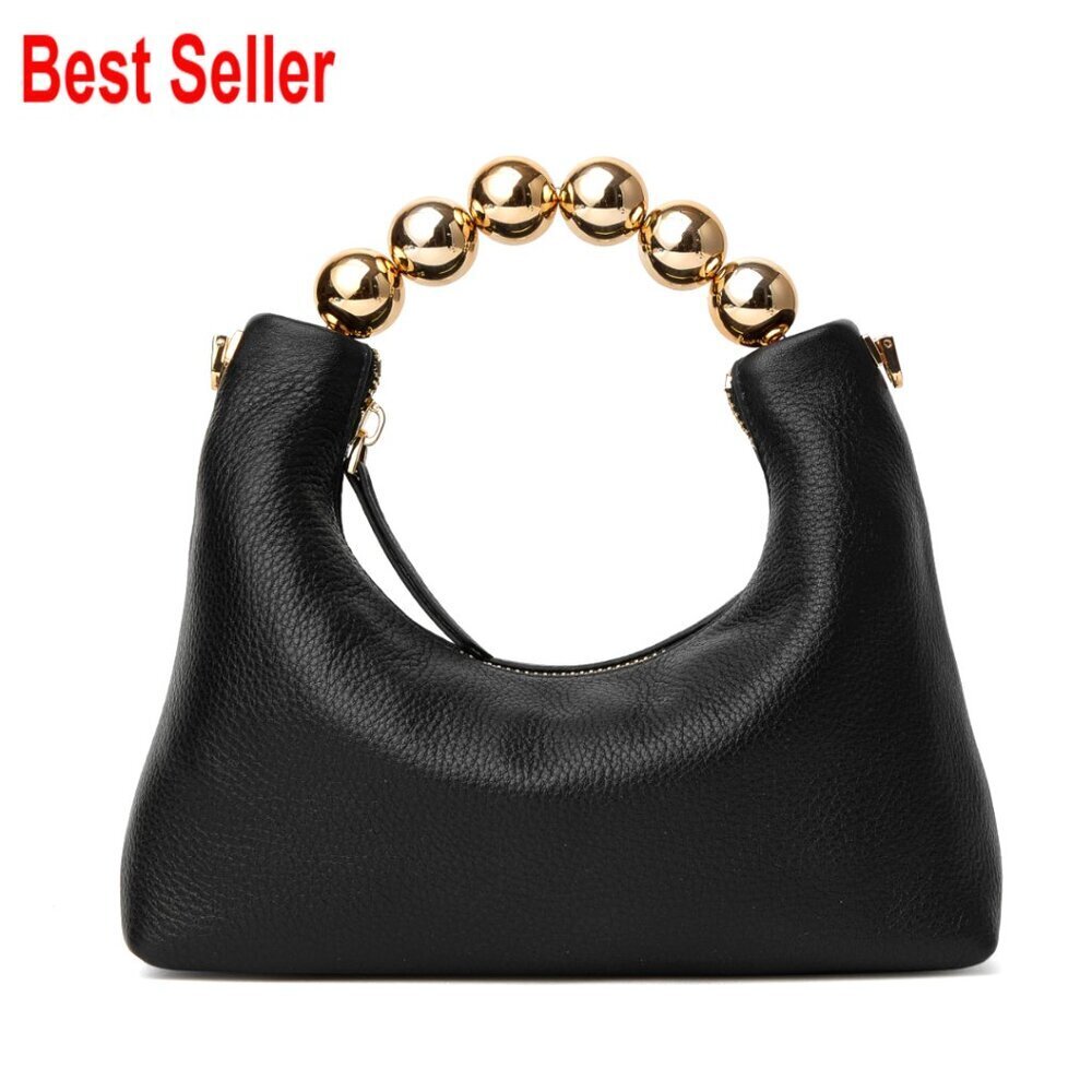 Genuine Leather Top Handle Clutch Bag with Pearl Handle and Chain Strap